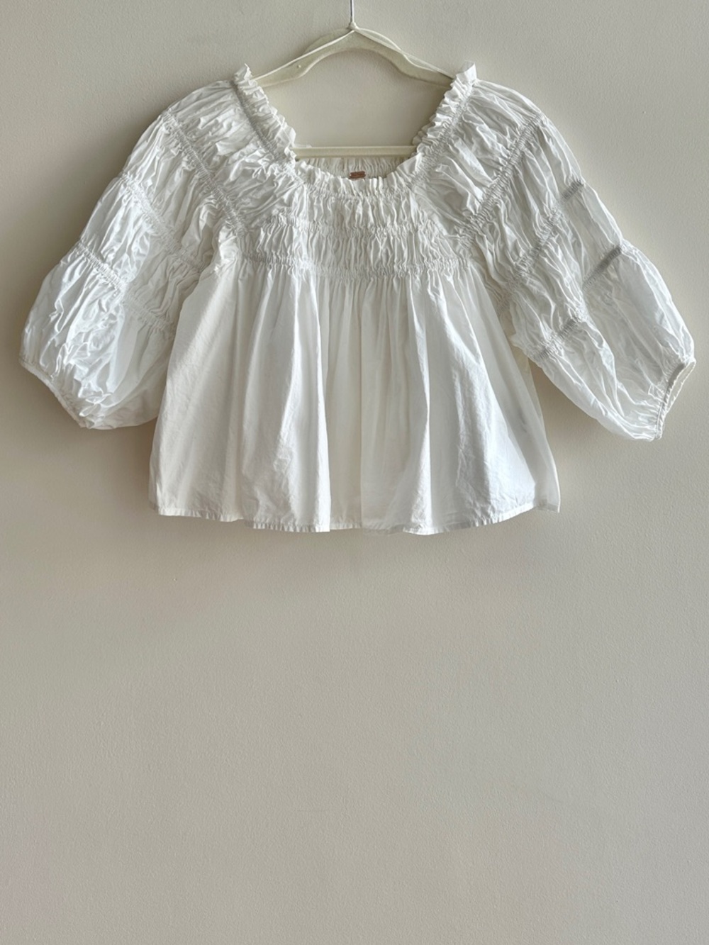 Free People Cece Poplin Top, White, Size XS, Puffed Sleeve Smocked Spring Top